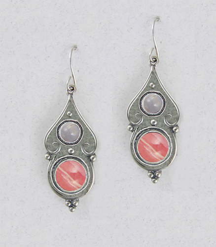 Sterling Silver Gothic Look With Rhodocrosite And Rainbow Moonstone Gemstone Drop Dangle Earrings